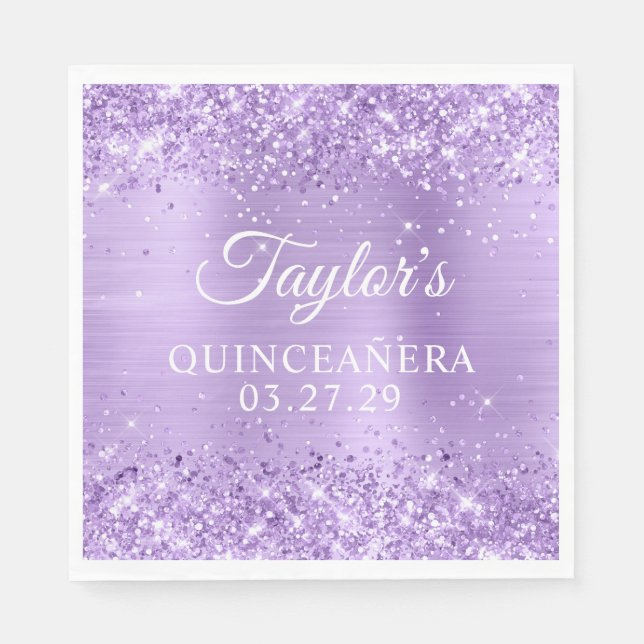Glittery Lavender Foil Quinceanera Napkins (Front)