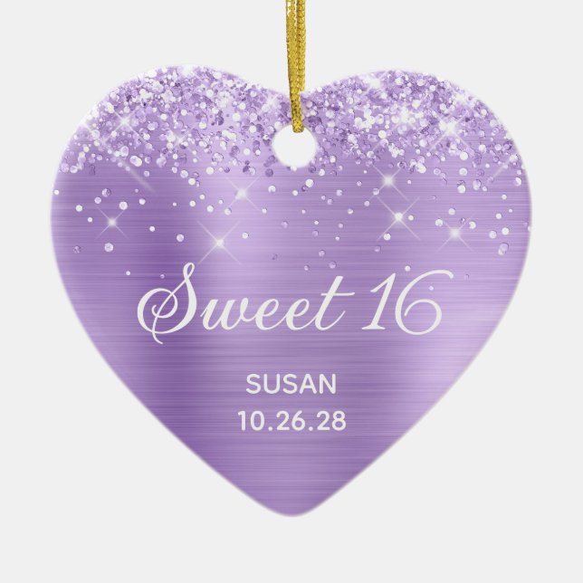 Glittery Lavender Foil Sweet 16 Photo Ceramic Ornament (Front)