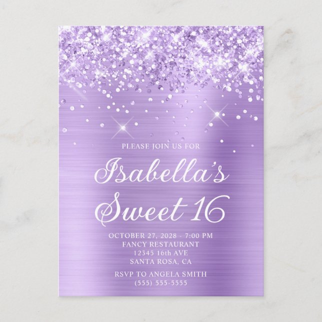 Glittery Lavender Foil Sweet 16 Photo Invitation Postcard (Front)