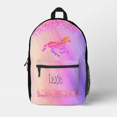 Glittery Lavender Pink Pastel Unicorn Personalized Printed Backpack
