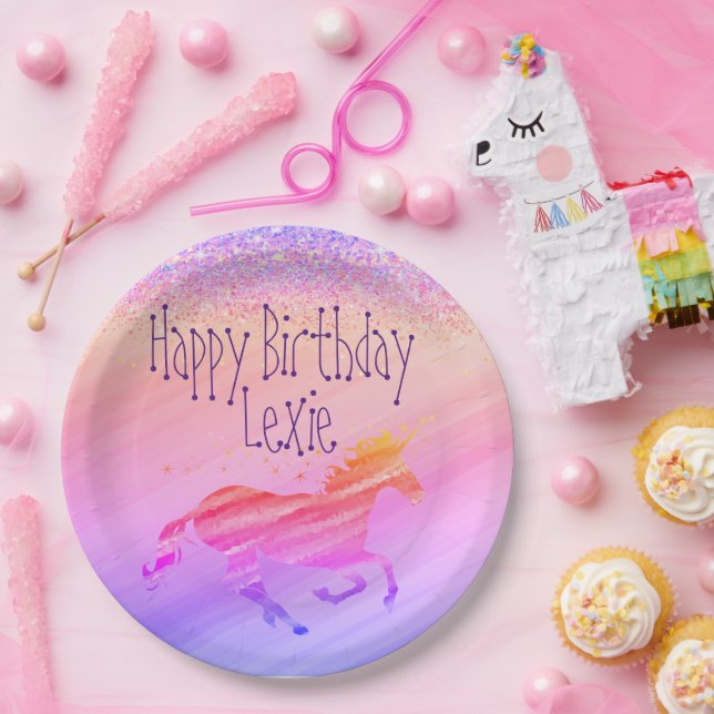 Glittery Lavender Pink Unicorn Birthday Customized Paper Plates (Party)
