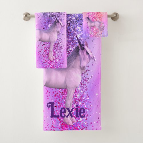 Glittery Lavender Pink Unicorn Personalized Bath Towel Set