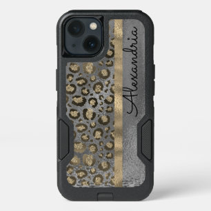 Glittery Leopard Print  Glossy Grey Personalized iPhone 13 Case