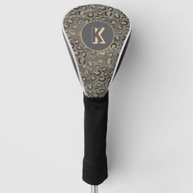 Glittery Leopard Print on Glossy Gray Monogram Golf Head Cover (Front)