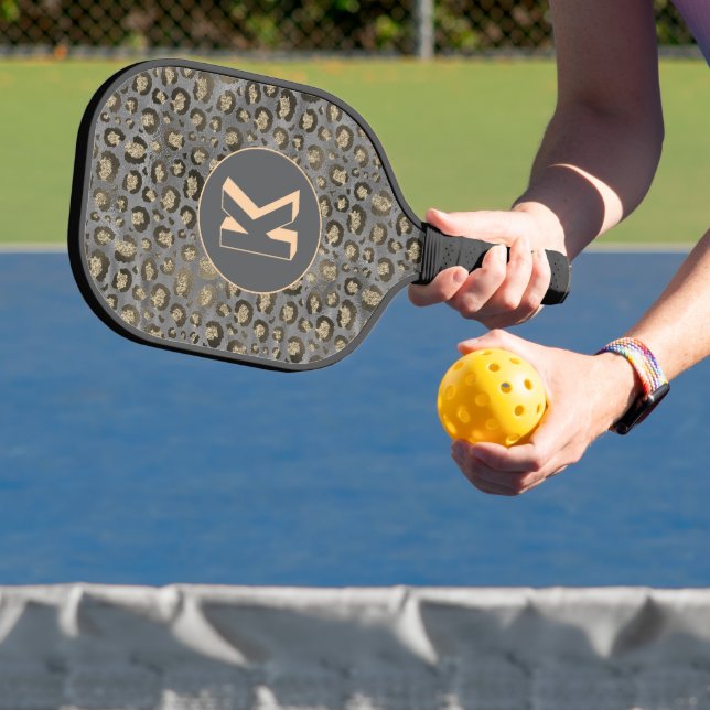 Glittery Leopard Print on Glossy Gray Monogram Pickleball Paddle (Insitu)
