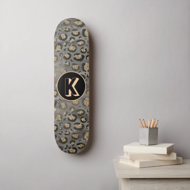 Glittery Leopard Print on Glossy Gray Monogram Skateboard (Wall Art)