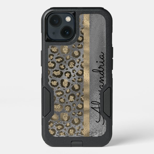 Glittery Leopard Print on Glossy Gray  Otterbox iPhone Case (Back)