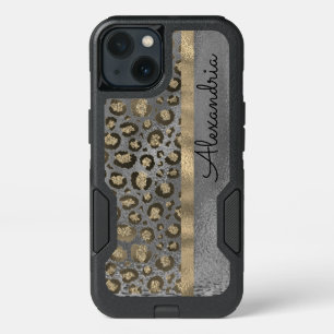 Glittery Leopard Print on Glossy Gray  iPhone 13 Case