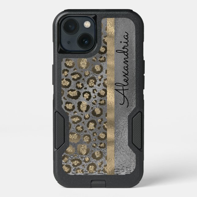 Glittery Leopard Print on Glossy Gray  Otterbox iPhone Case (Back)