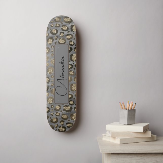 Glittery Leopard Print on Glossy Gray Personalized Skateboard (Wall Art)