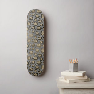 Glittery Leopard Print on Glossy Gray  Skateboard