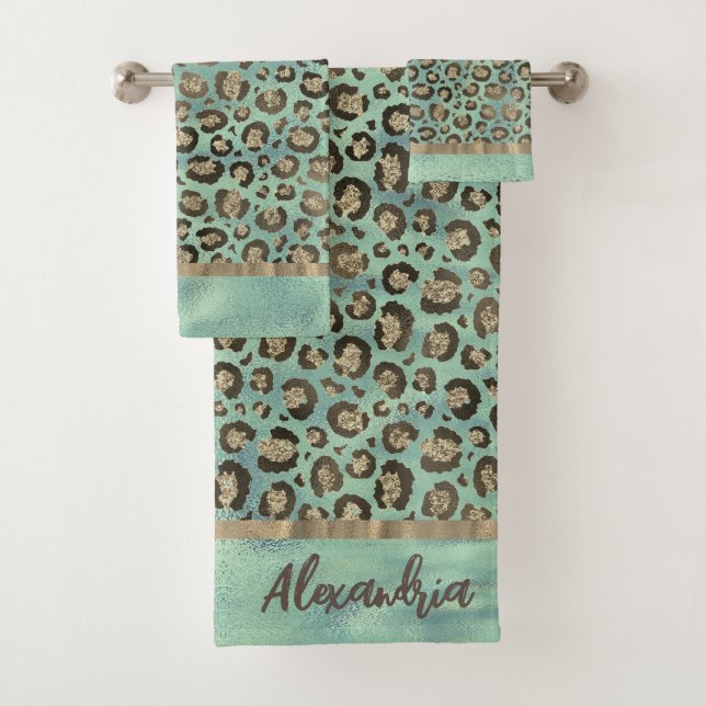 Glittery Leopard Print on Glossy Green  Bath Towel Set (Insitu)
