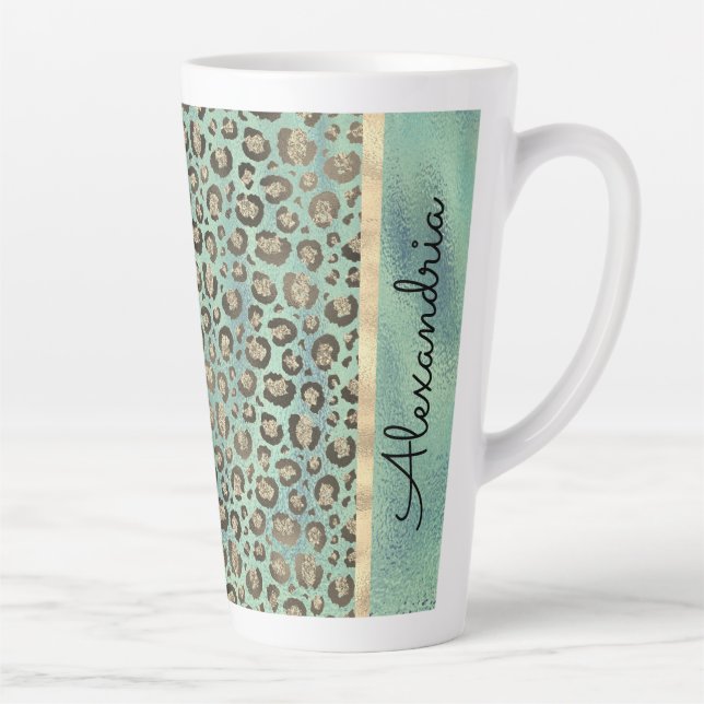 Glittery Leopard Print on Glossy Green    Latte Mug (Right)
