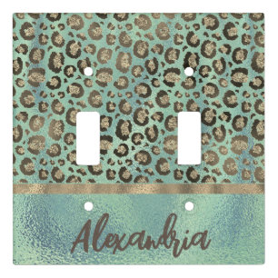 Glittery Leopard Print on Glossy Green Light Switch Cover