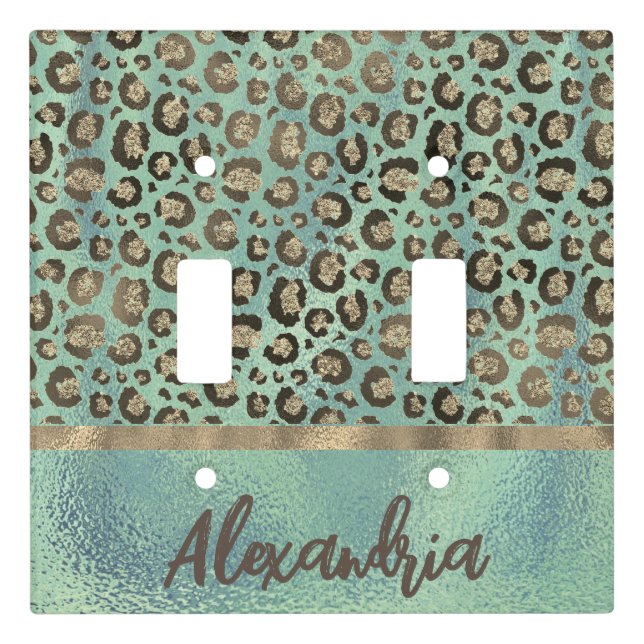Glittery Leopard Print on Glossy Green  Light Switch Cover (Front)