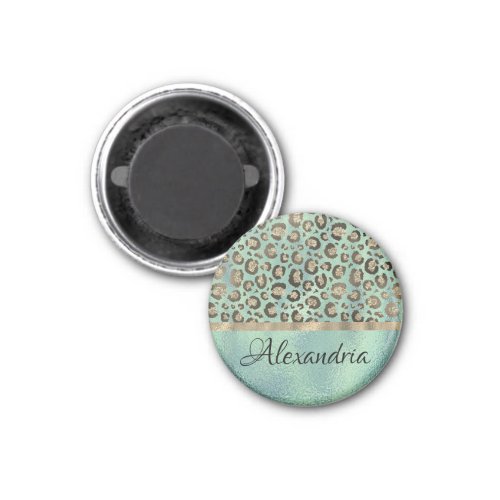 Glittery Leopard Print on Glossy Green   Magnet