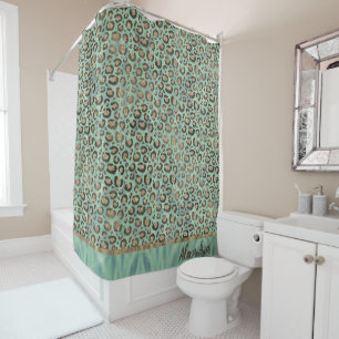 Glittery Leopard Print on Glossy Green Shower Curtain