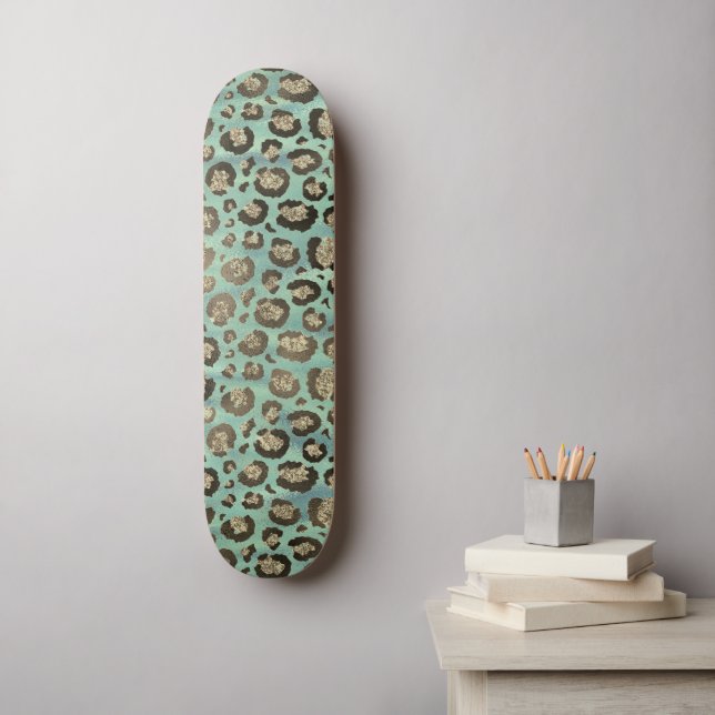 Glittery Leopard Print on Glossy Green   Skateboard (Wall Art)