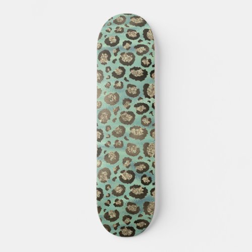 Glittery Leopard Print on Glossy Green   Skateboard