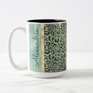 Glittery Leopard Print on Glossy Green   Two-Tone Coffee Mug