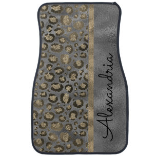 Glittery Leopard Print on Glossy Grey Car Floor Mat