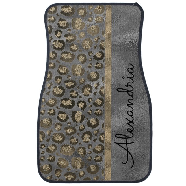 Glittery Leopard Print on Glossy Grey Car Floor Mat (Front)