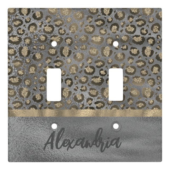 Glittery Leopard Print on Glossy Grey Custom Light Switch Cover (Front)