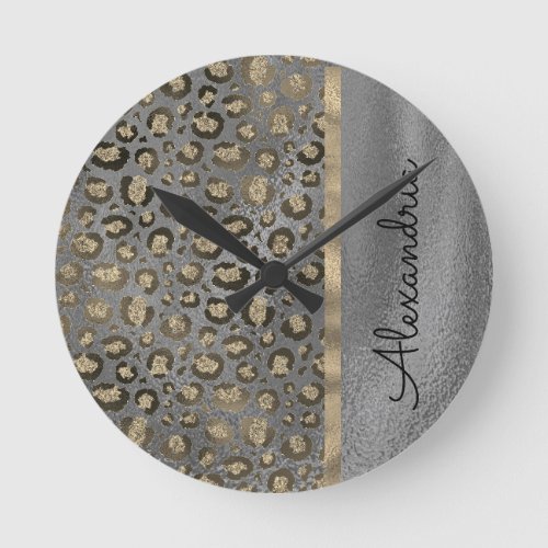 Glittery Leopard Print on Glossy Grey       Round Clock