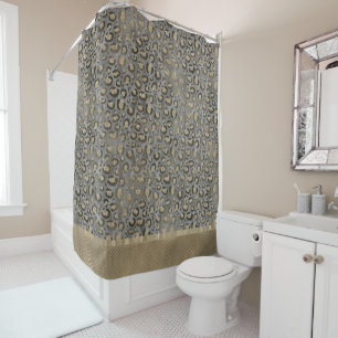 Glittery Leopard Print on Glossy Grey Shower Curtain