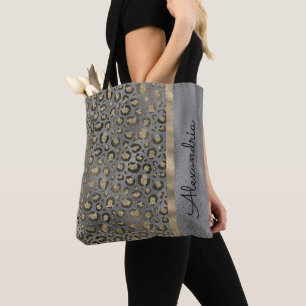Glittery Leopard Print on Glossy Grey Tote Bag