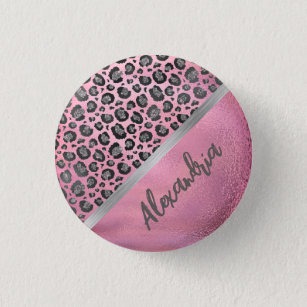 Glittery Leopard Print on Glossy Hot Pink   Button