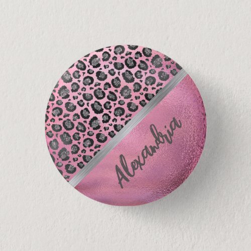 Glittery Leopard Print on Glossy Hot Pink   Button