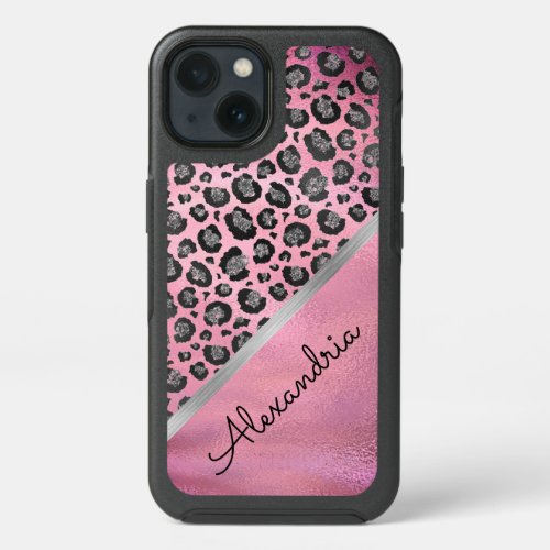 Glittery Leopard Print on Glossy Hot Pink Custom iPhone 13 Case