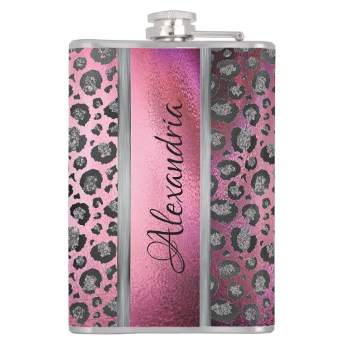 Glittery Leopard Print on Glossy Hot Pink    Flask