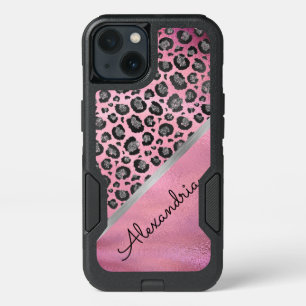Glittery Leopard Print on Glossy Hot Pink iPhone 13 Case