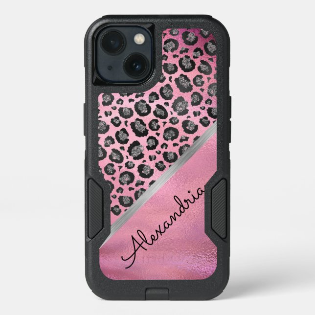 Glittery Leopard Print on Glossy Hot Pink  Otterbox iPhone Case (Back)