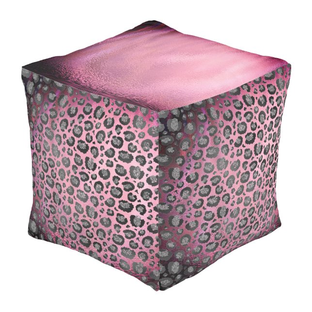 Glittery Leopard Print on Glossy Hot Pink Pouf (Angled Front)