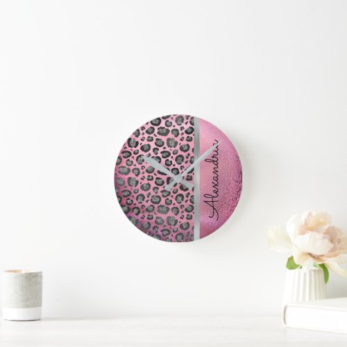 Glittery Leopard Print on Glossy Hot Pink  Round Clock
