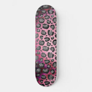 Glittery Leopard Print on Glossy Hot Pink Skateboard