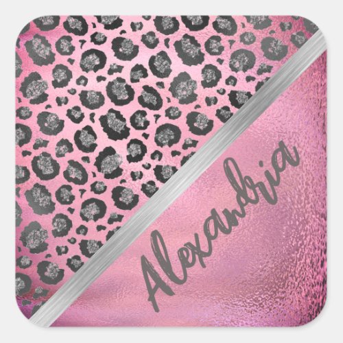 Glittery Leopard Print on Glossy Hot Pink   Square Sticker