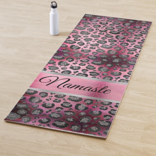 Glittery Leopard Print on Glossy Hot Pink   Yoga Mat