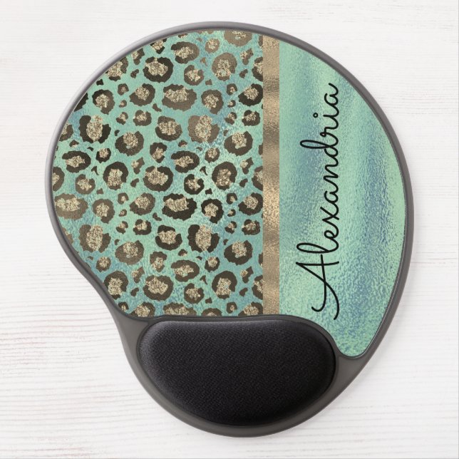 Glittery Leopard Print on Green Personalized Gel Mouse Pad (Front)