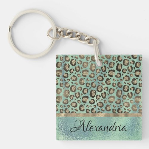 Glittery Leopard Print on Green Personalized Keychain