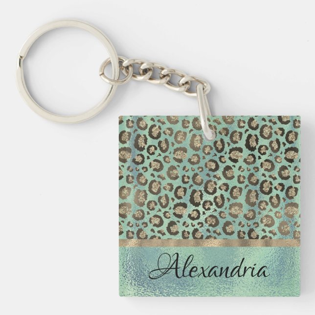 Glittery Leopard Print on Green Personalized Keychain (Front)