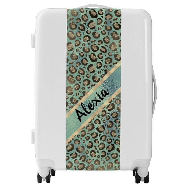 Glittery Leopard Print on Green Personalized Luggage (Front)