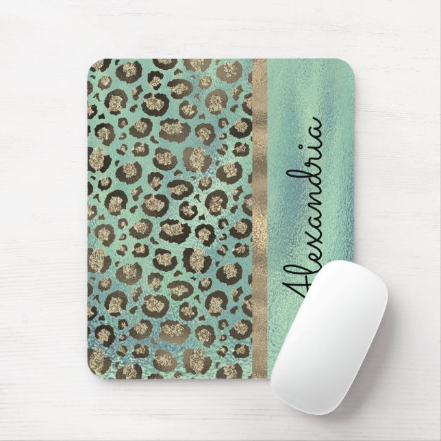 Glittery Leopard Print on Green Personalized Mouse Pad (With Mouse)