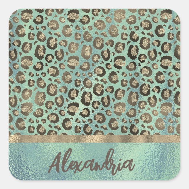 Glittery Leopard Print on  Green  Personalized  Square Sticker (Front)
