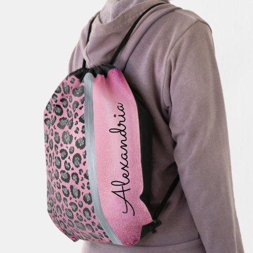 Glittery Leopard Print on Hot Pink Personalized  Drawstring Bag