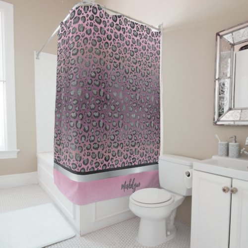 Glittery Leopard Print on Hot Pink Shower Curtain