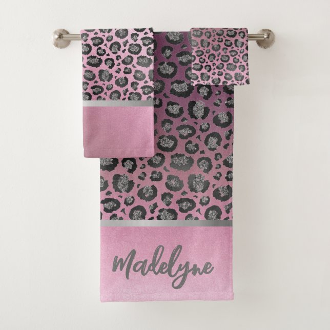 Glittery Leopard Print on Pink Personalized  Bath Towel Set (Insitu)
